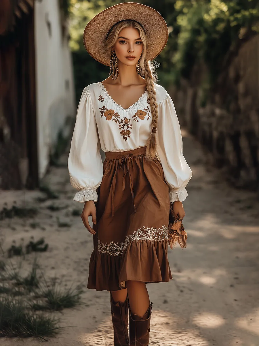 Elegant And Fashionable Bohemian Flower Embroidered V-Neck Shirt