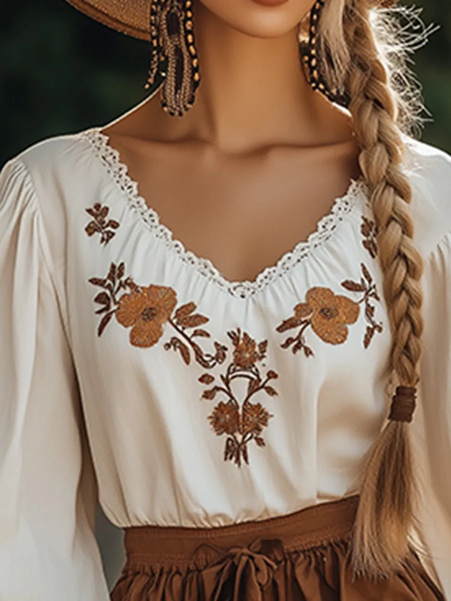 Elegant And Fashionable Bohemian Flower Embroidered V-Neck Shirt