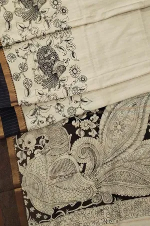 Elegant Black And White Kalamkari Hand Painted Bangalore Silk Saree