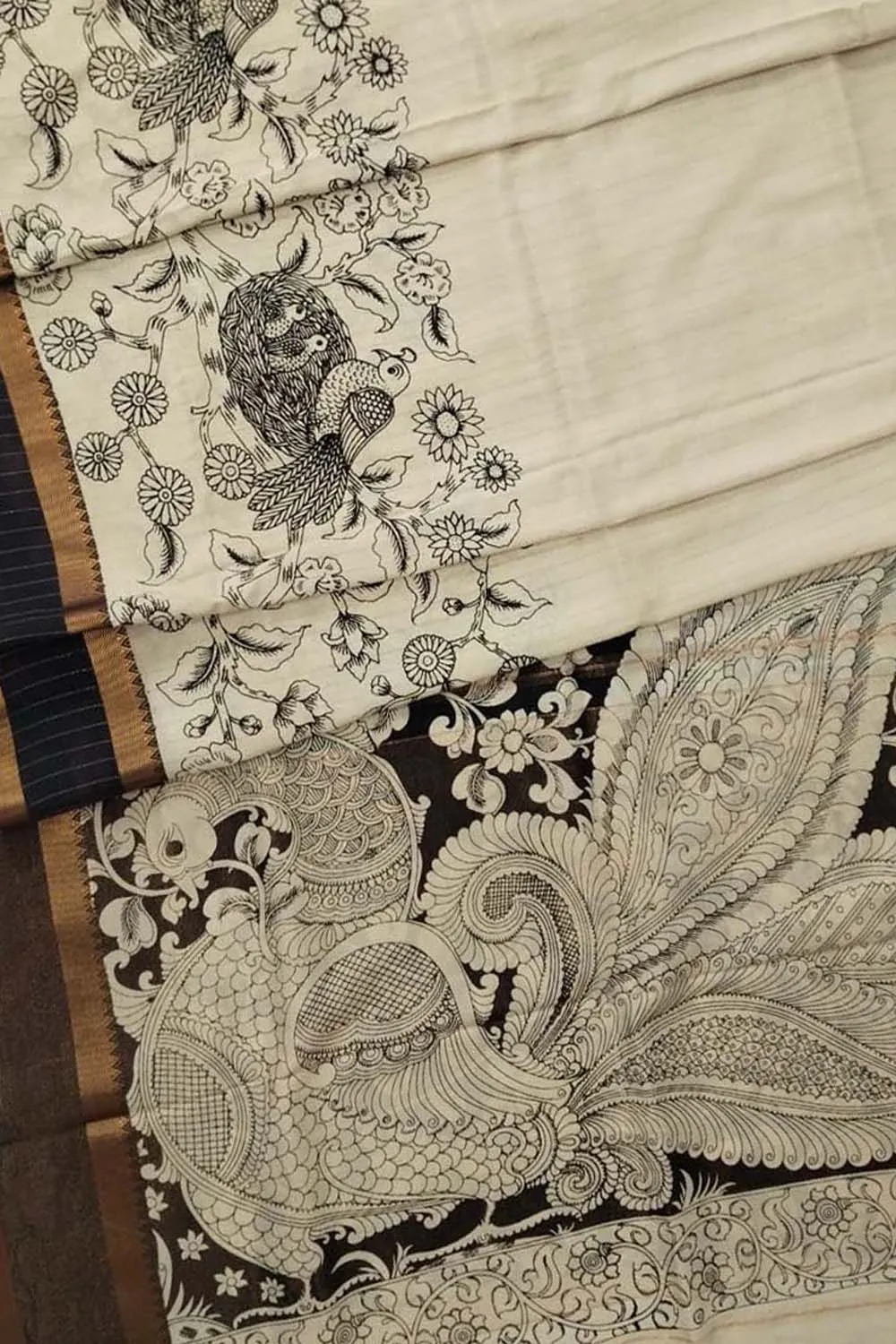 Elegant Black And White Kalamkari Hand Painted Bangalore Silk Saree