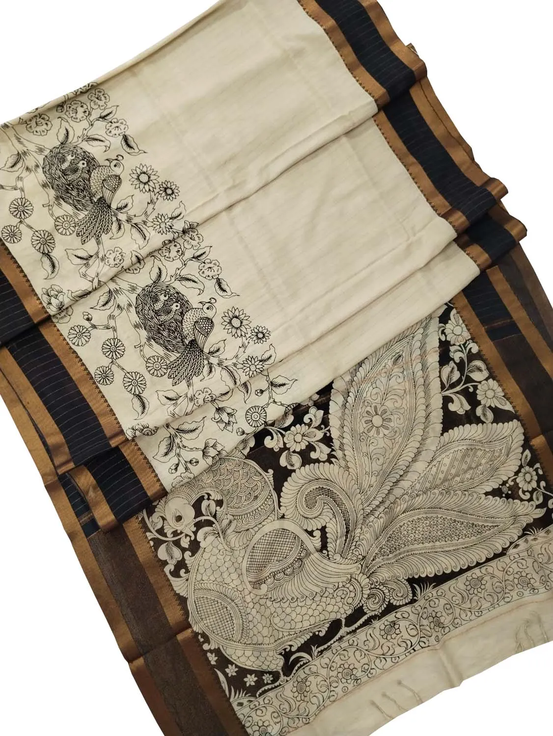 Elegant Black And White Kalamkari Hand Painted Bangalore Silk Saree