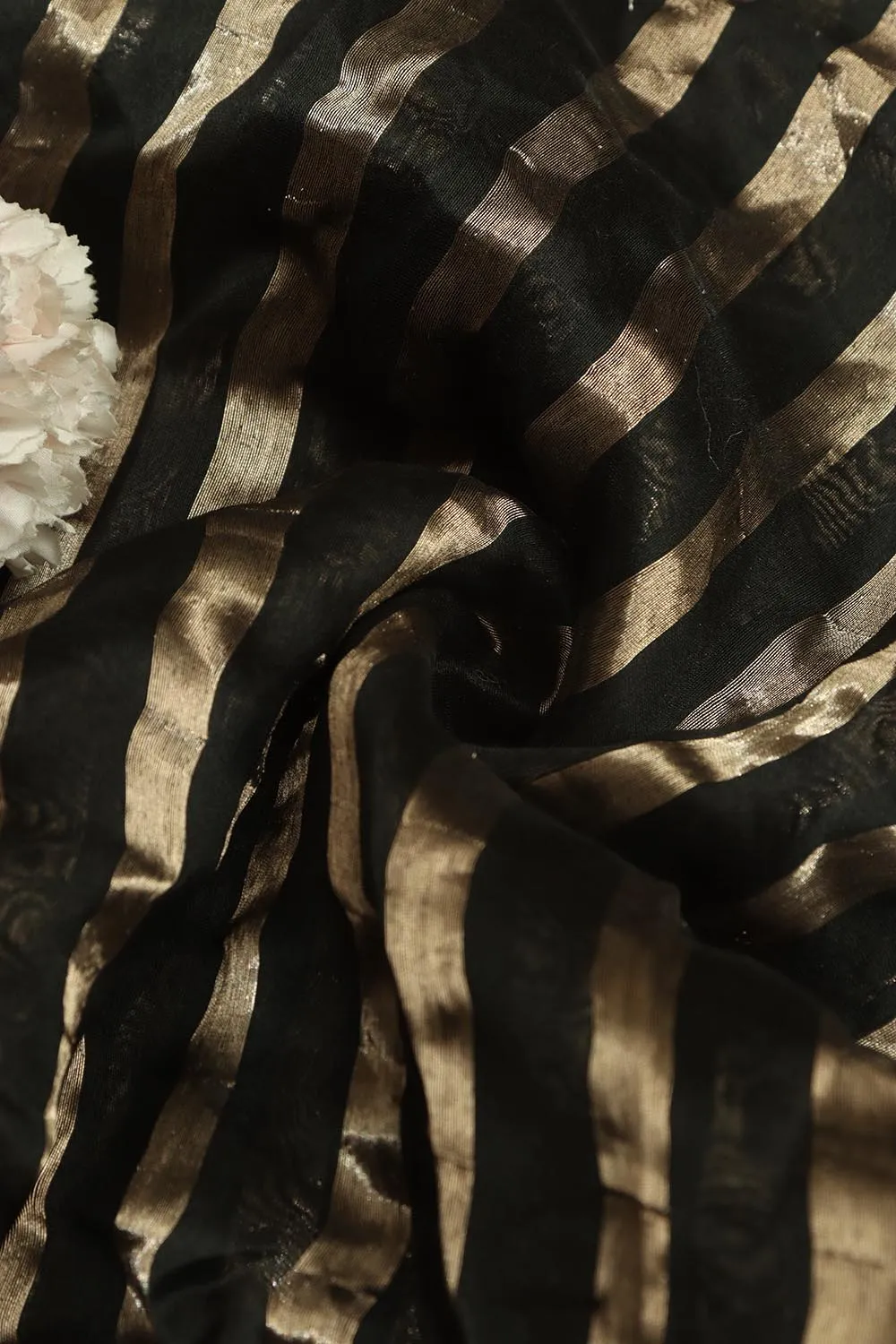 Elegant Black Banarasi Chanderi Silk Stripes Design Fabric ( 1 Mtr )