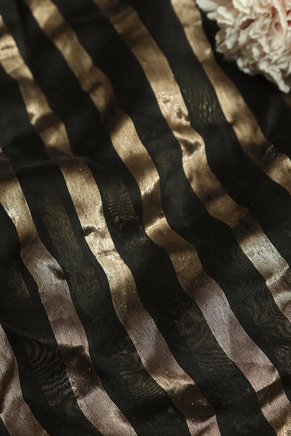 Elegant Black Banarasi Chanderi Silk Stripes Design Fabric ( 1 Mtr )