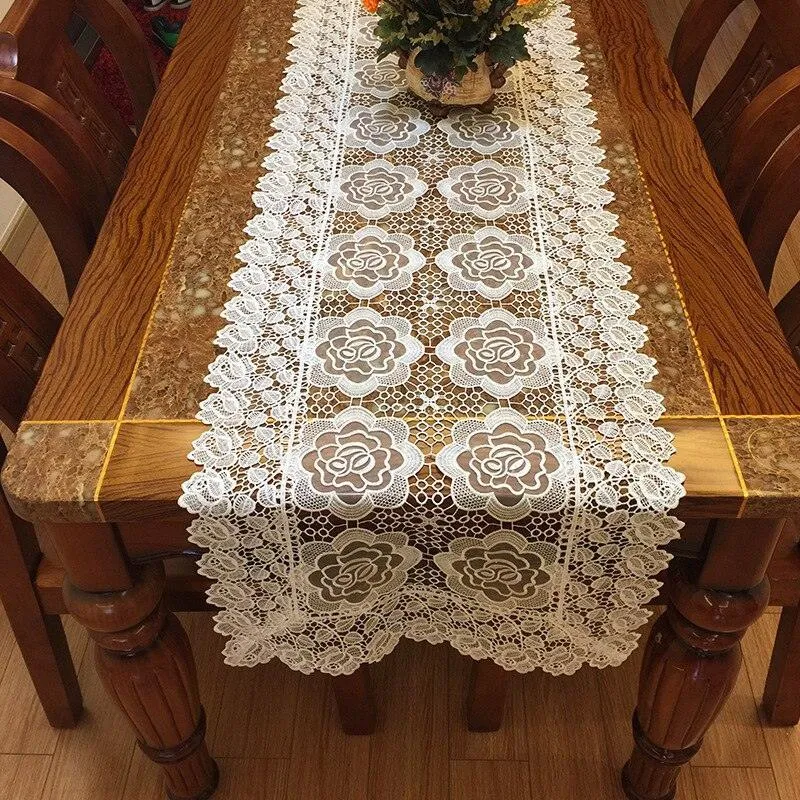 Elegant Lace Rose Floral Embroidered Tablecloth - Chic Dining Essential