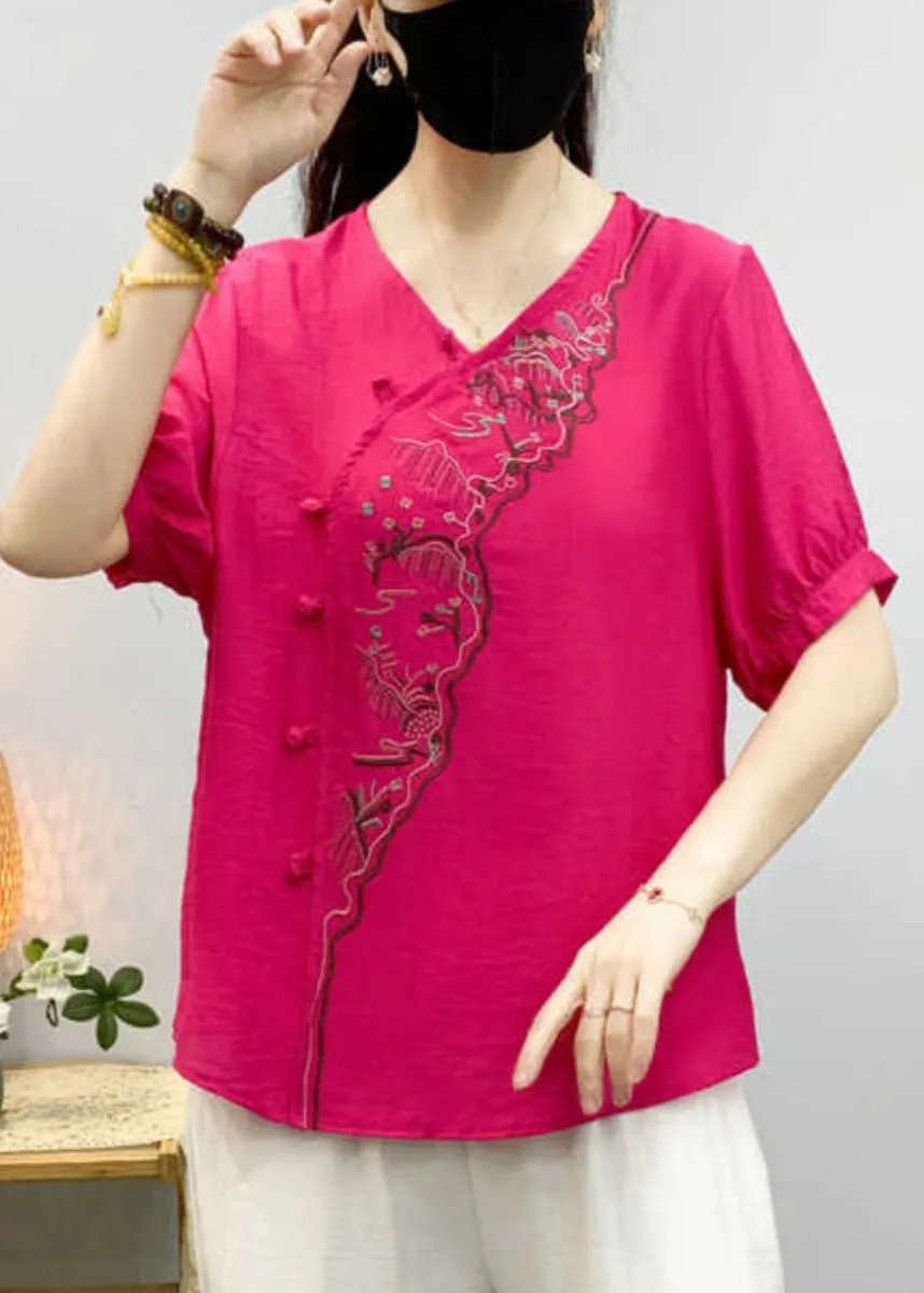Elegant Pea Green Embroidered Button Linen Shirts Summer RE043