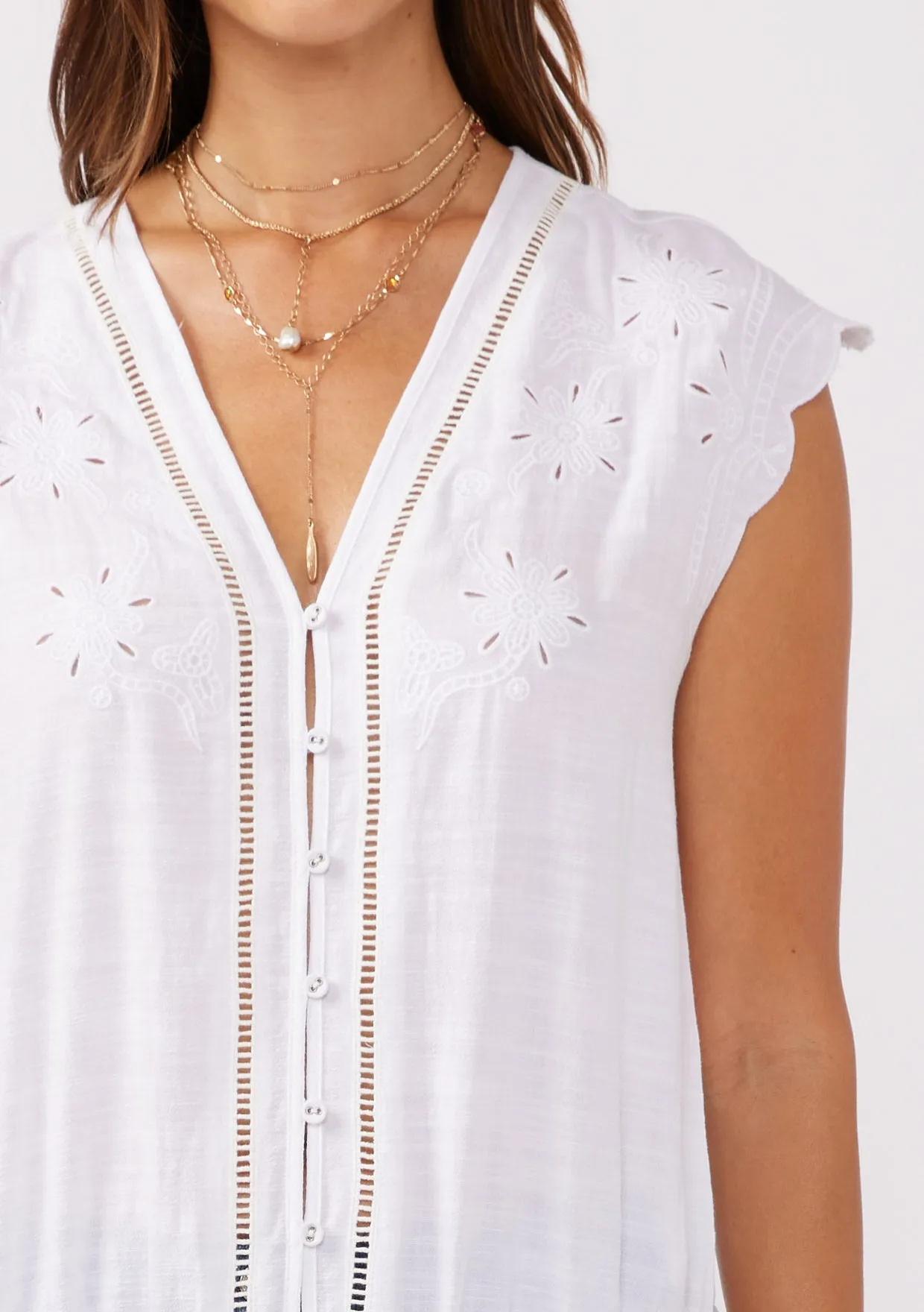 Embroidered Button Front Cutout Top