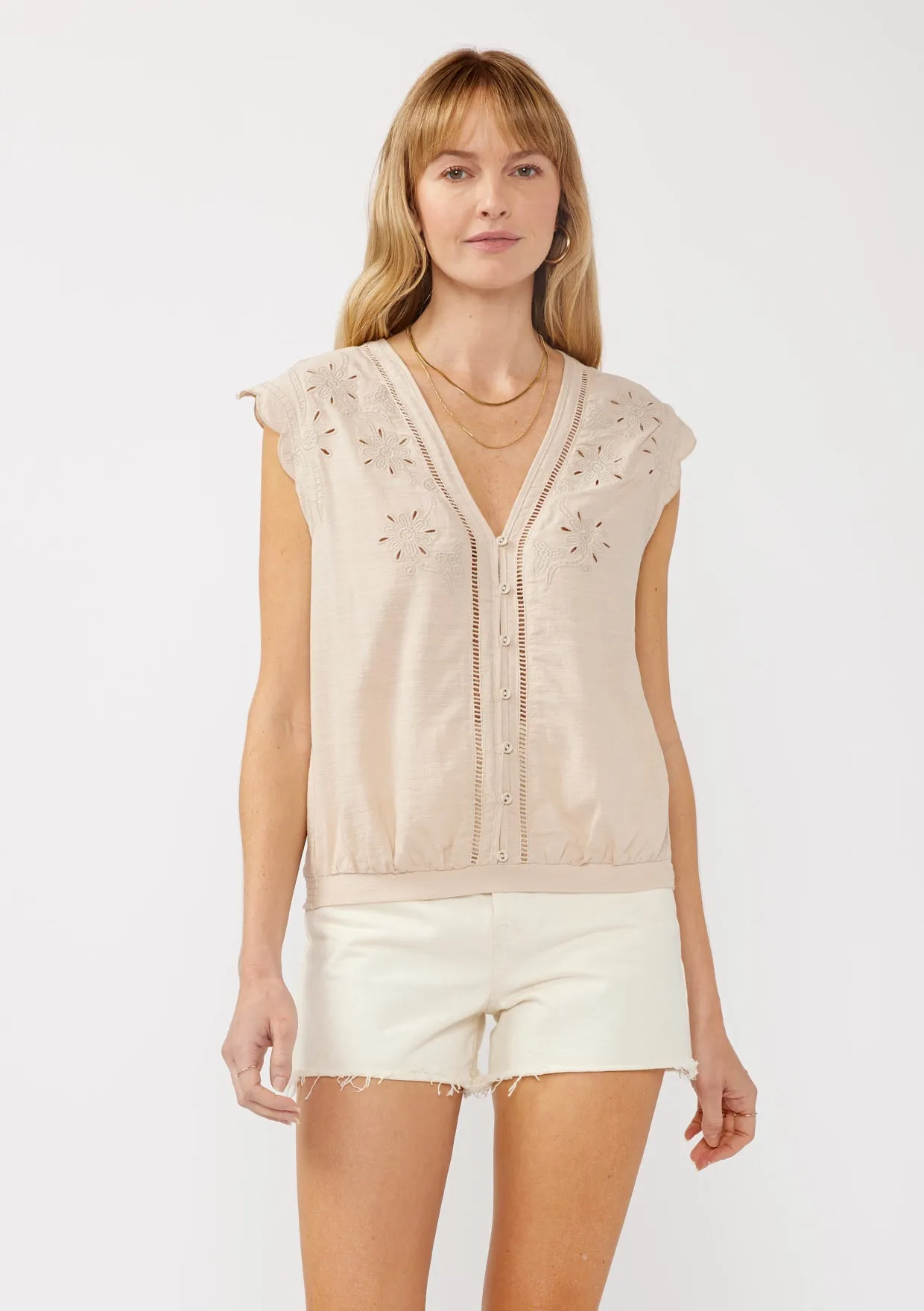 Embroidered Button Front Cutout Top