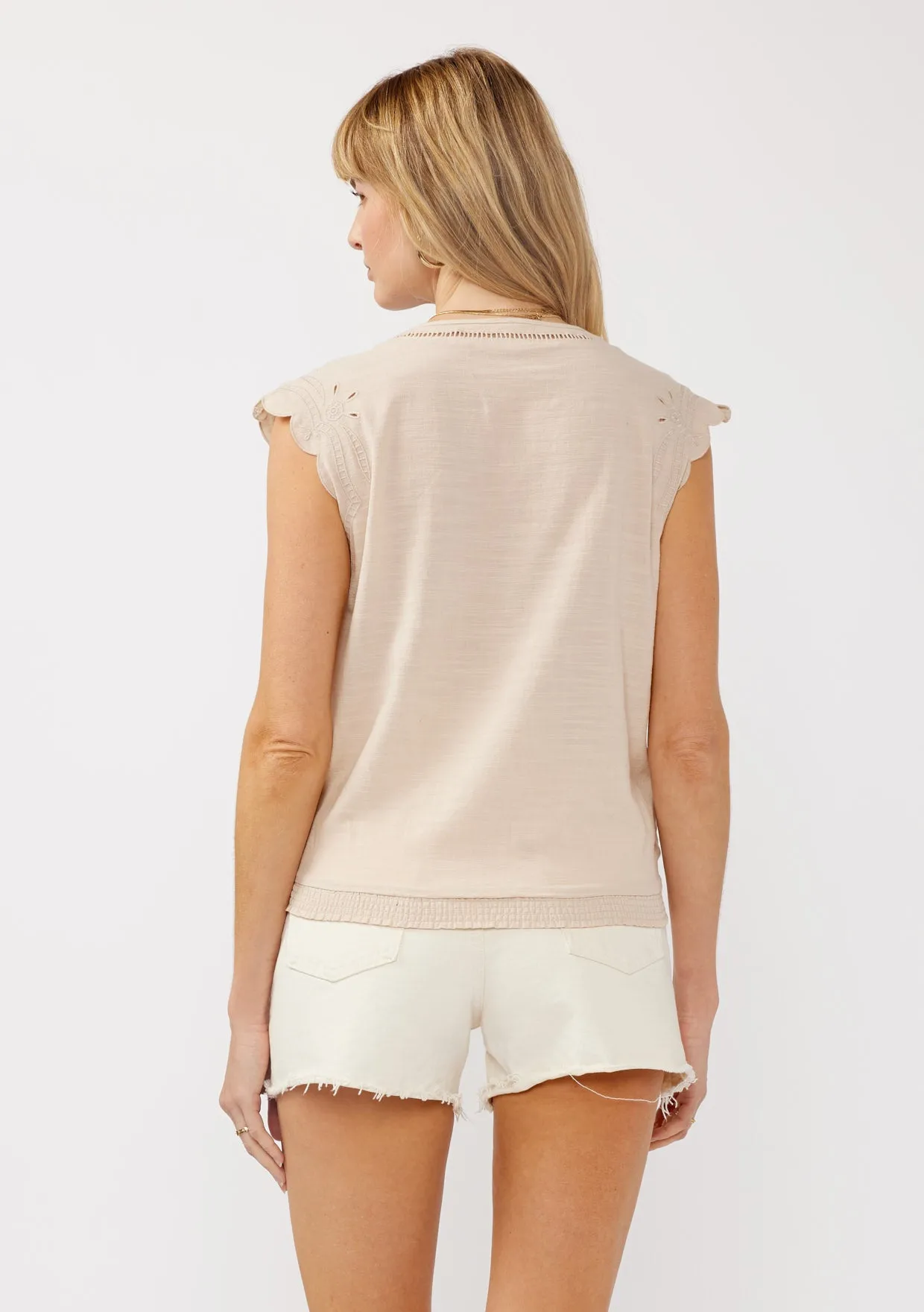 Embroidered Button Front Cutout Top
