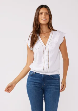 Embroidered Button Front Cutout Top