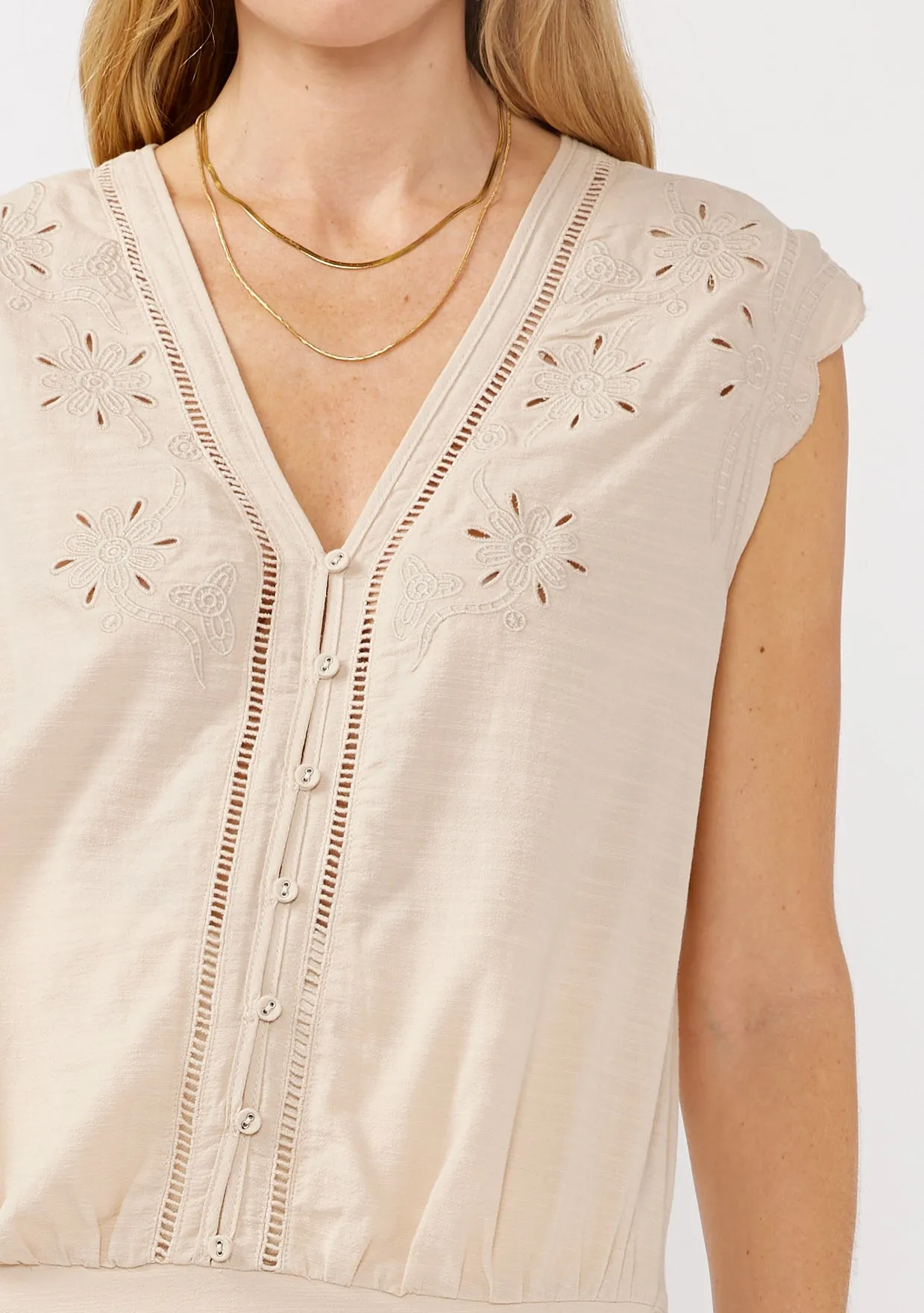 Embroidered Button Front Cutout Top