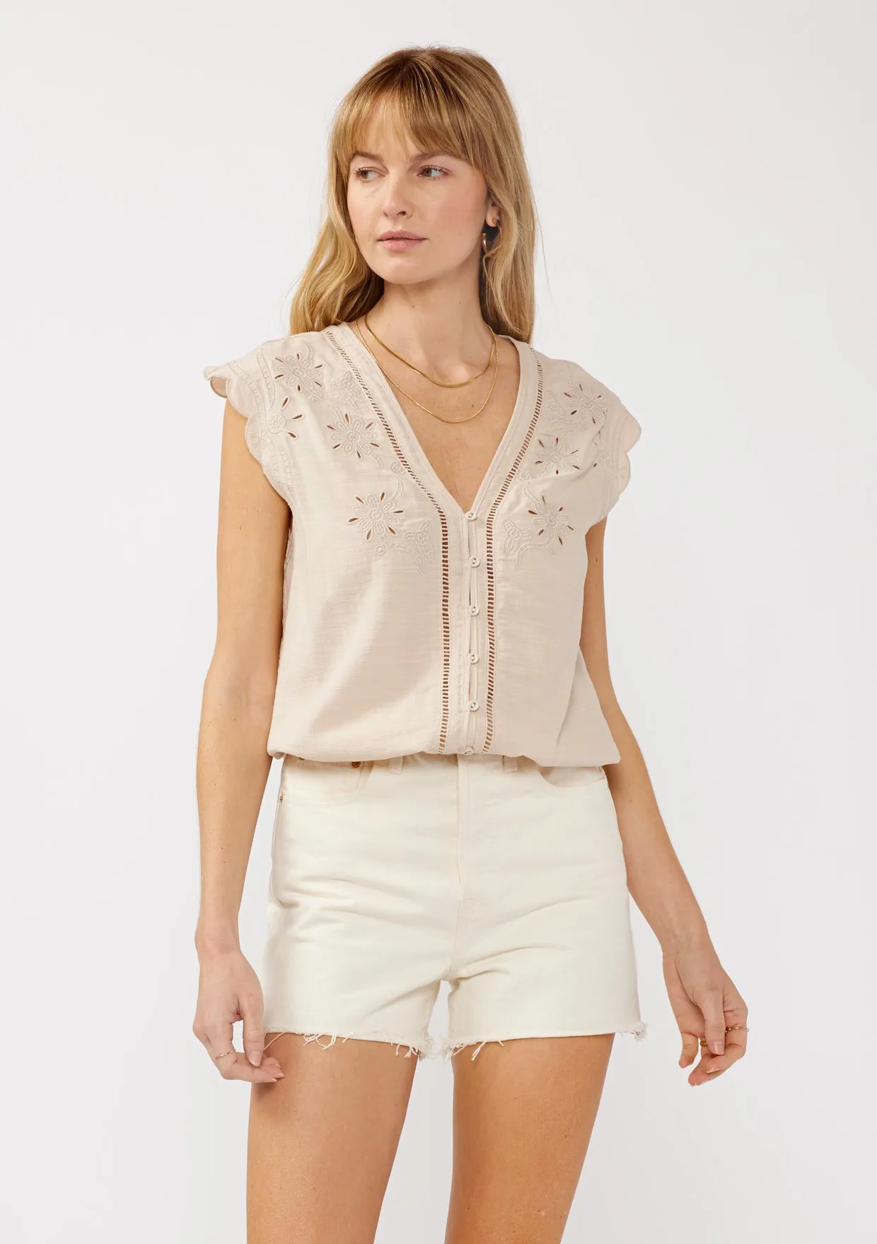 Embroidered Button Front Cutout Top