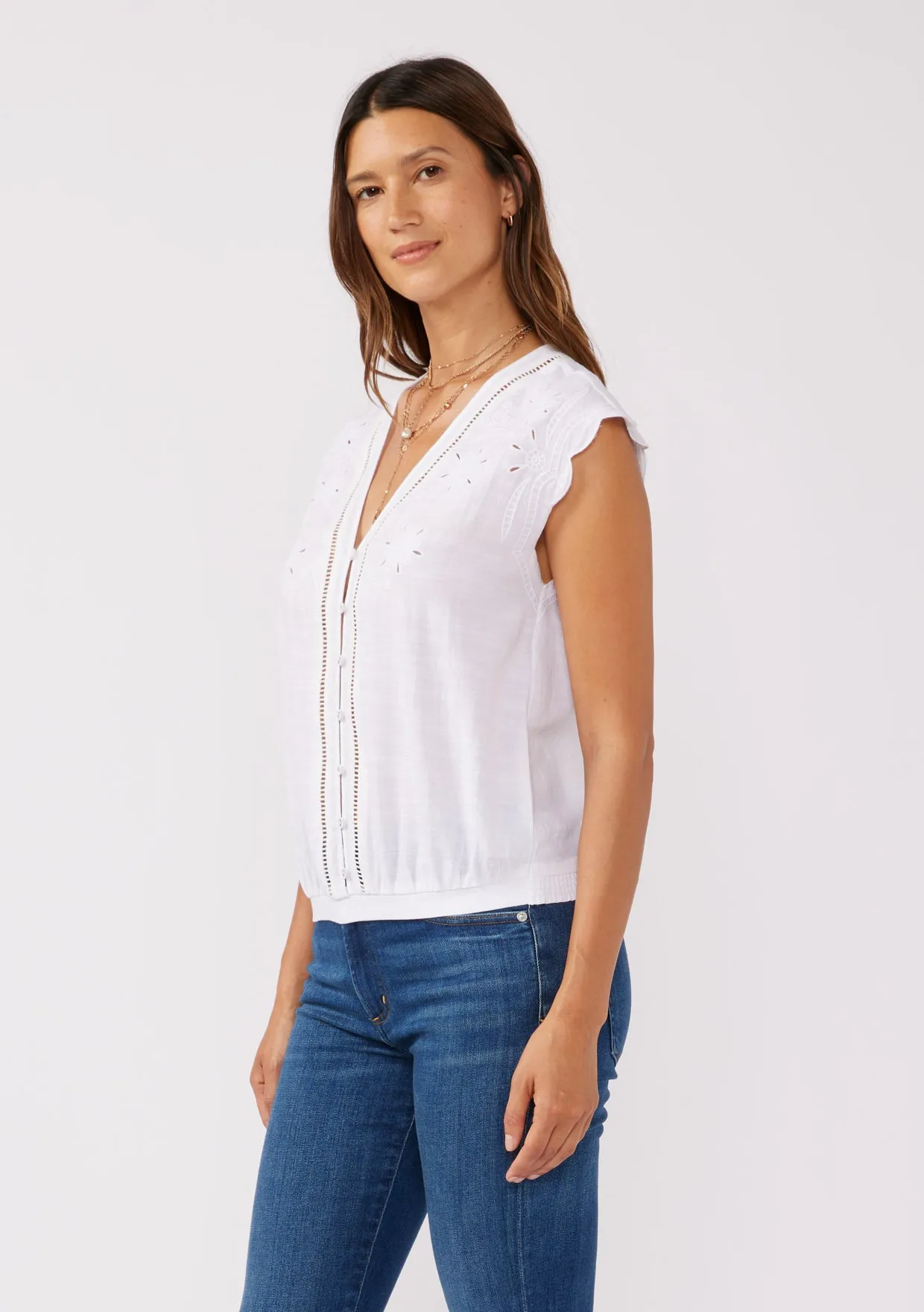 Embroidered Button Front Cutout Top