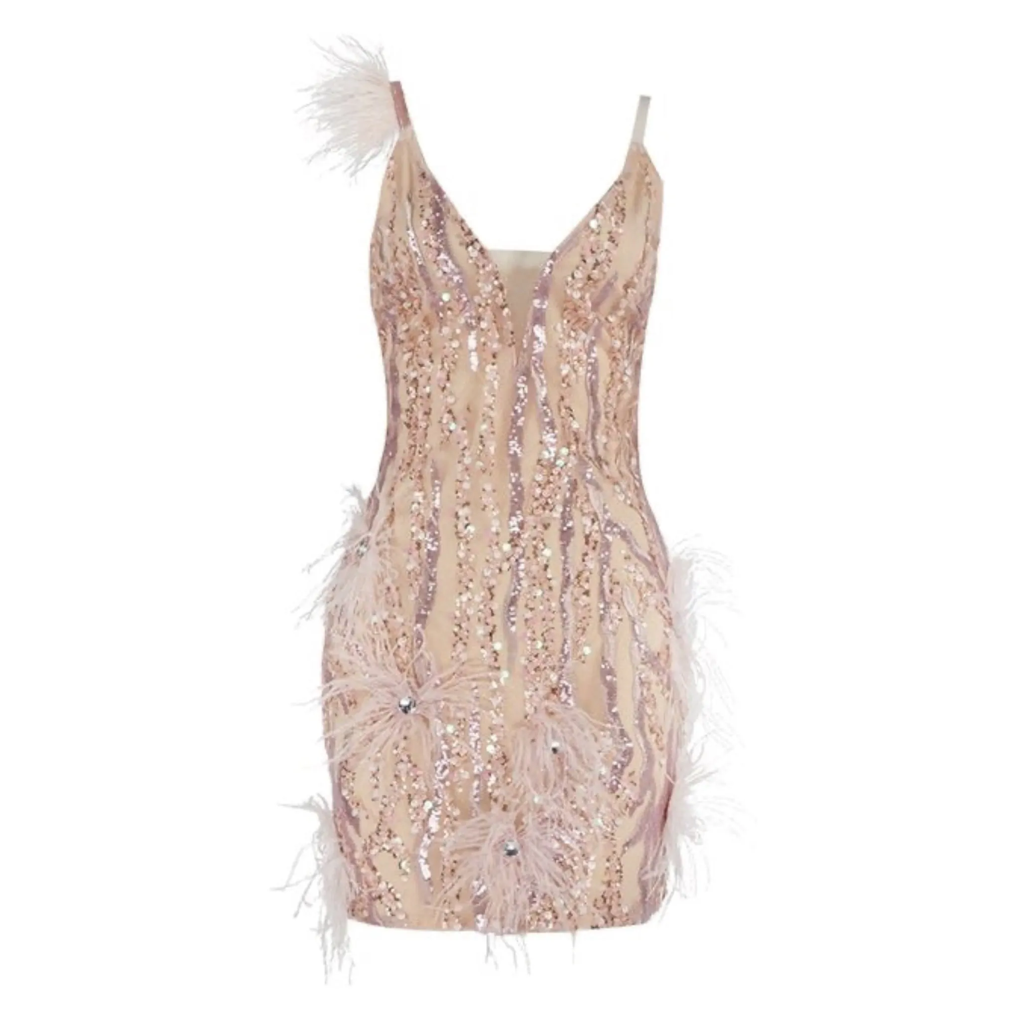 Feather & Sequins V-neck Pink Mini Dress