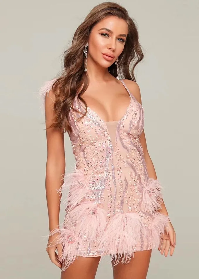Feather & Sequins V-neck Pink Mini Dress