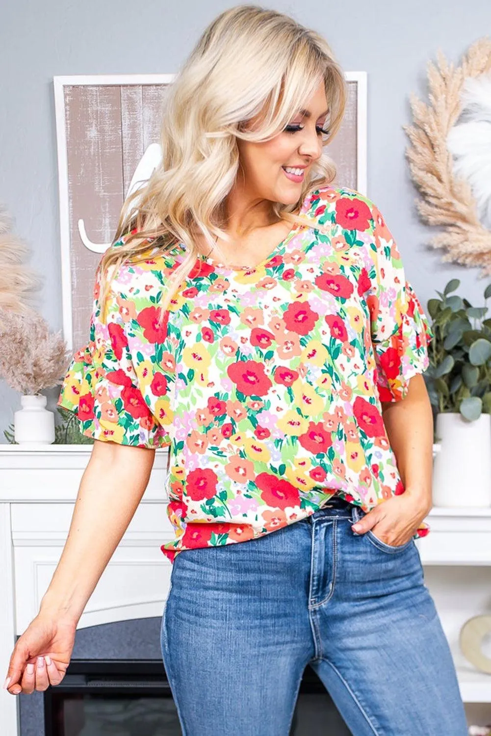 Floral Print Ruffled Short Sleeve V Neck Blouse