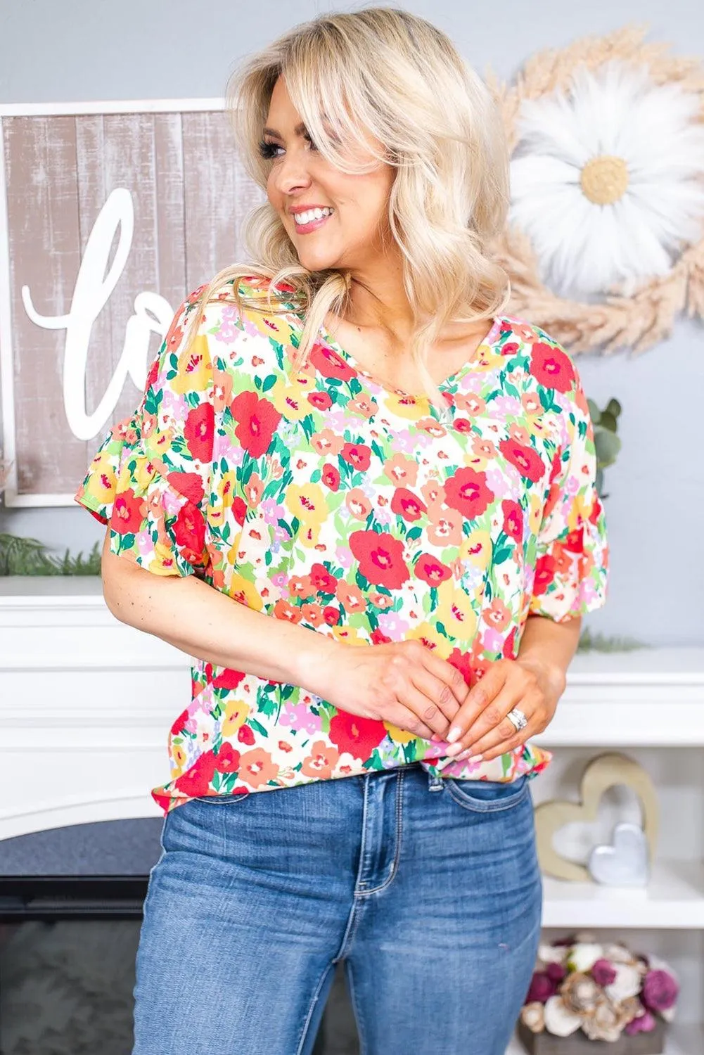 Floral Print Ruffled Short Sleeve V Neck Blouse