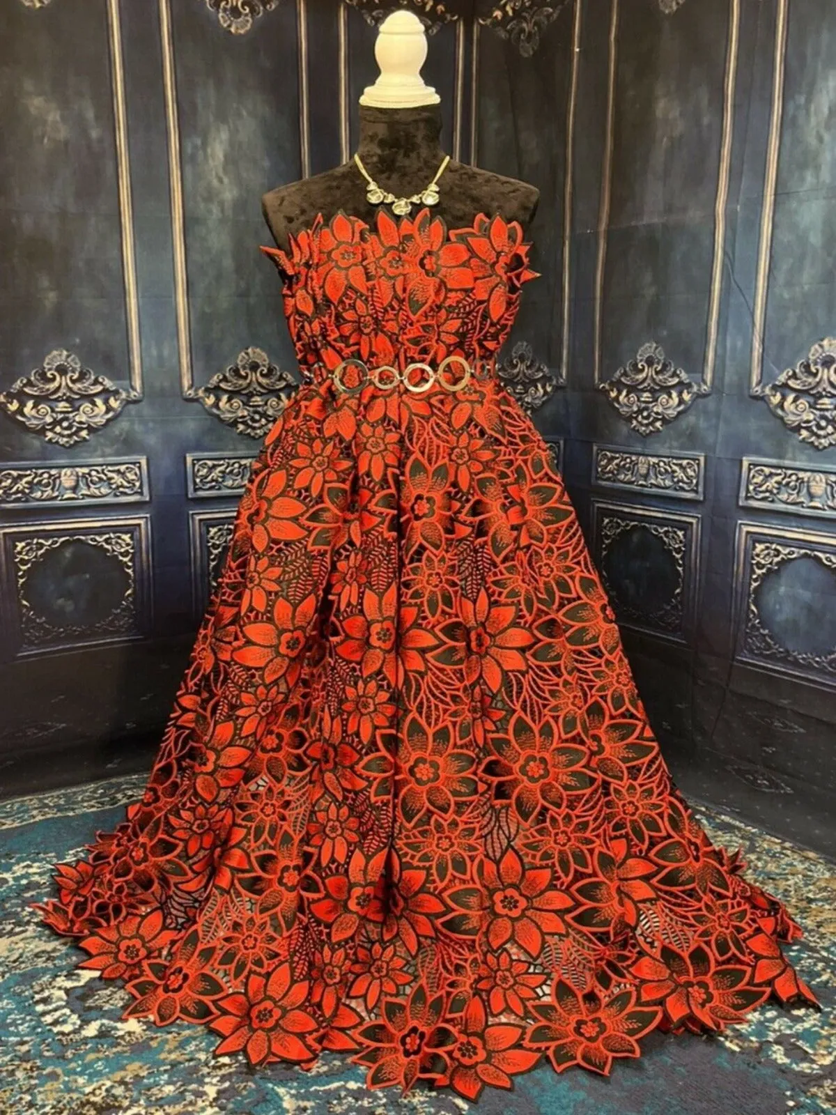 Floral Red and Black Crochet Cotton Lace with Scalloped Edges