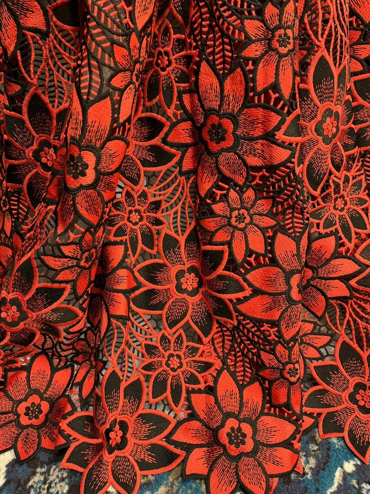 Floral Red and Black Crochet Cotton Lace with Scalloped Edges