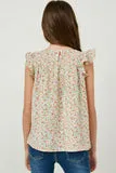 Girls Flutter Sleeve Smocked Bodice Printed Top