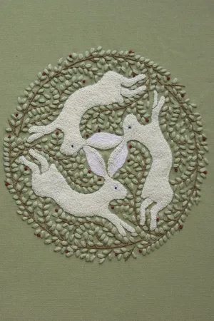 Handmade Three White Rabbits Embroidery Wall Art for small living room, Green Vines Pattern, Cotton Linen Round Frame Home Decor