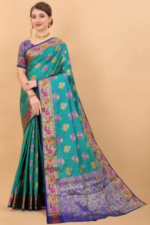 Inspiring Rama Soft Banarasi Silk Saree With Arresting Blouse Piece