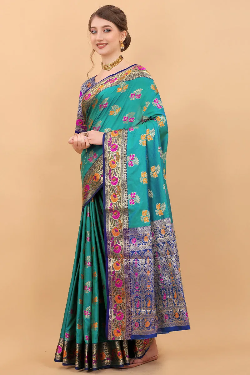 Inspiring Rama Soft Banarasi Silk Saree With Arresting Blouse Piece