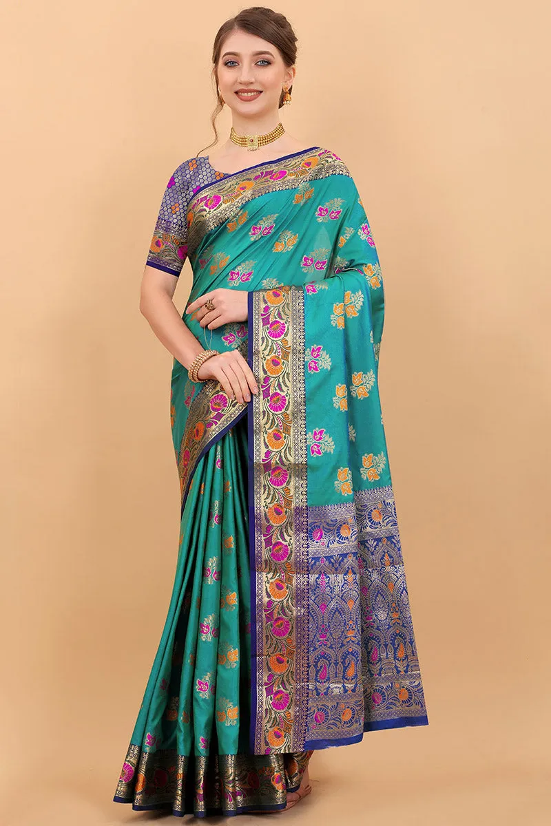 Inspiring Rama Soft Banarasi Silk Saree With Arresting Blouse Piece