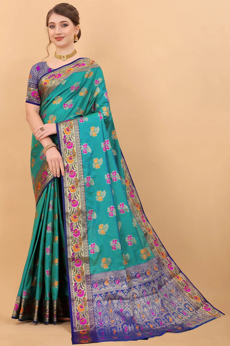 Inspiring Rama Soft Banarasi Silk Saree With Arresting Blouse Piece
