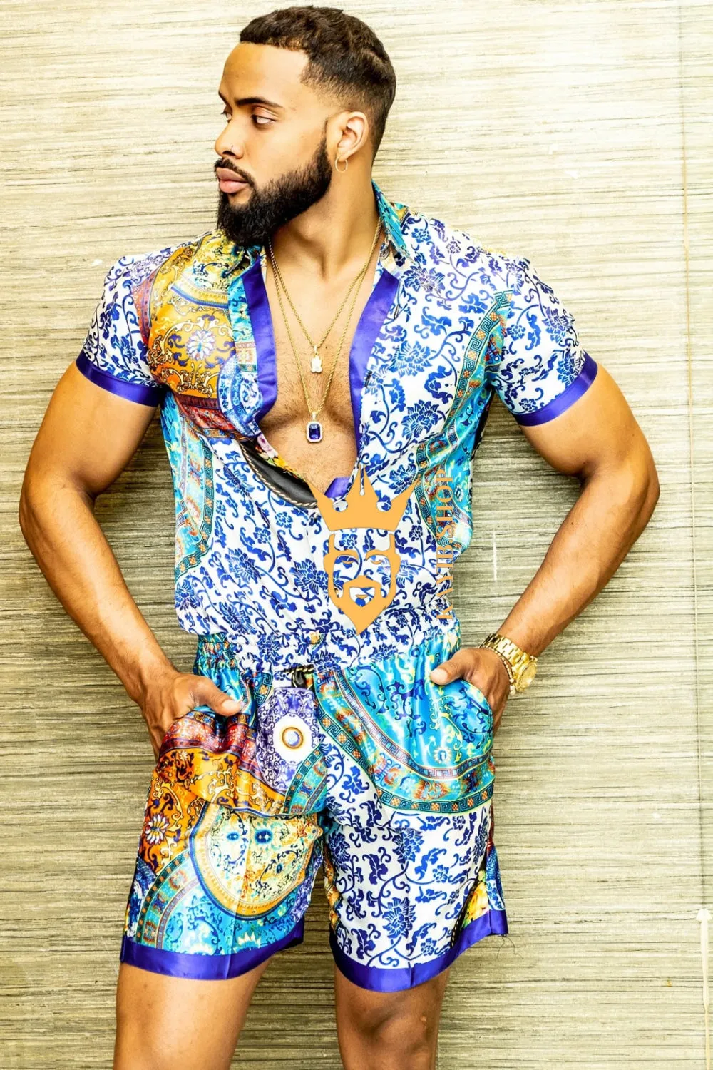 Kayib's Mens Barocco Print Silk Camp Set - Elevate Your Summer Style with Luxury and Comfort