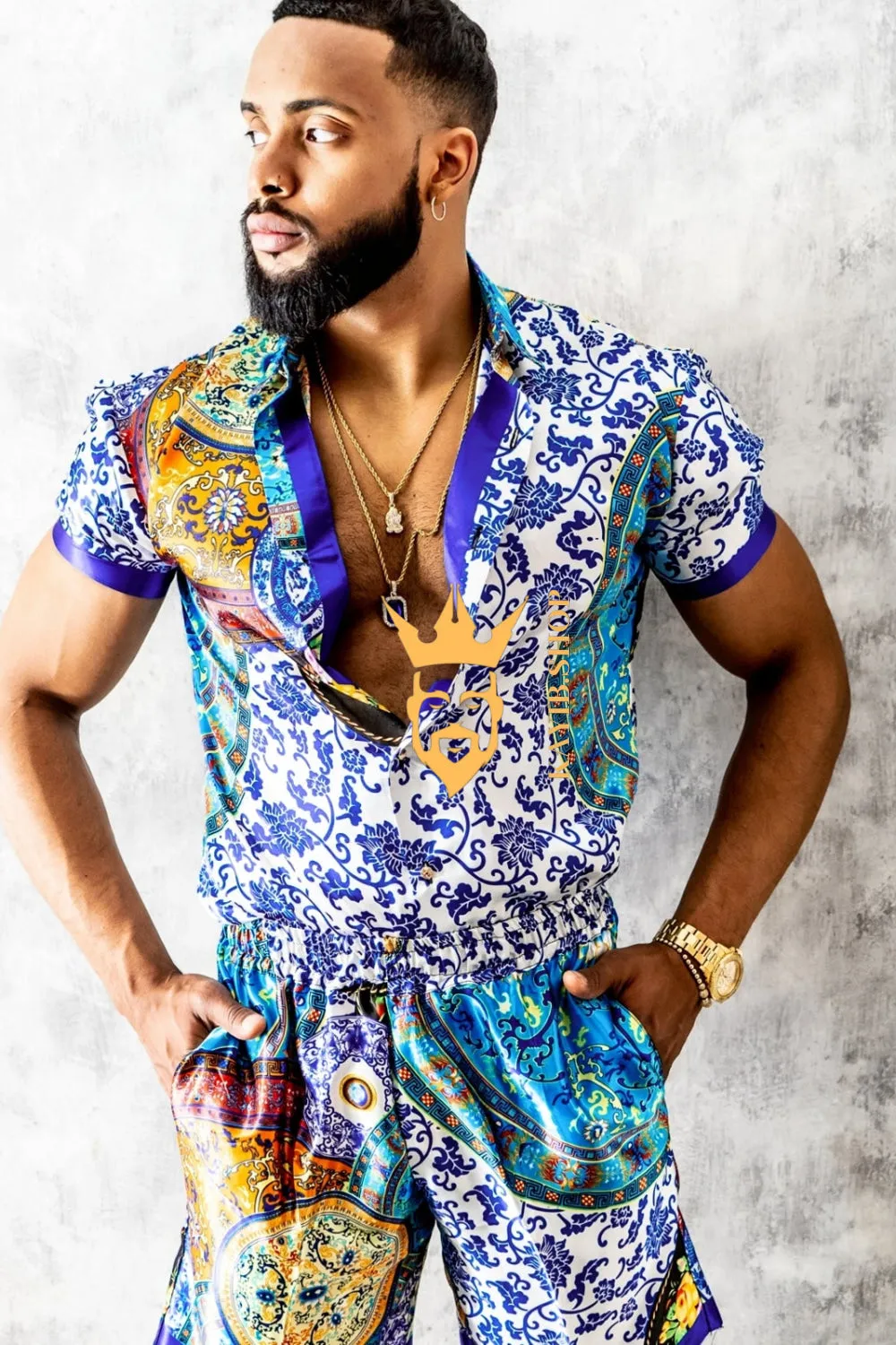 Kayib's Mens Barocco Print Silk Camp Set - Elevate Your Summer Style with Luxury and Comfort