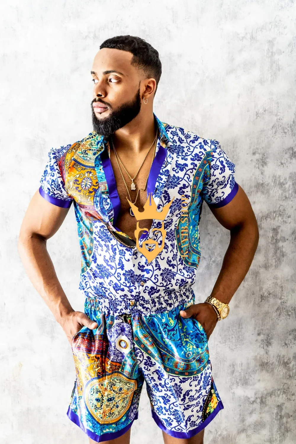 Kayib's Mens Barocco Print Silk Camp Set - Elevate Your Summer Style with Luxury and Comfort