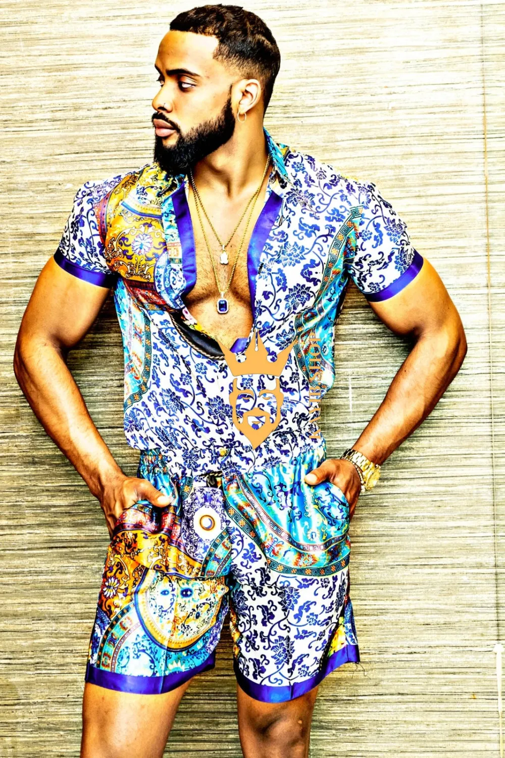 Kayib's Mens Barocco Print Silk Camp Set - Elevate Your Summer Style with Luxury and Comfort