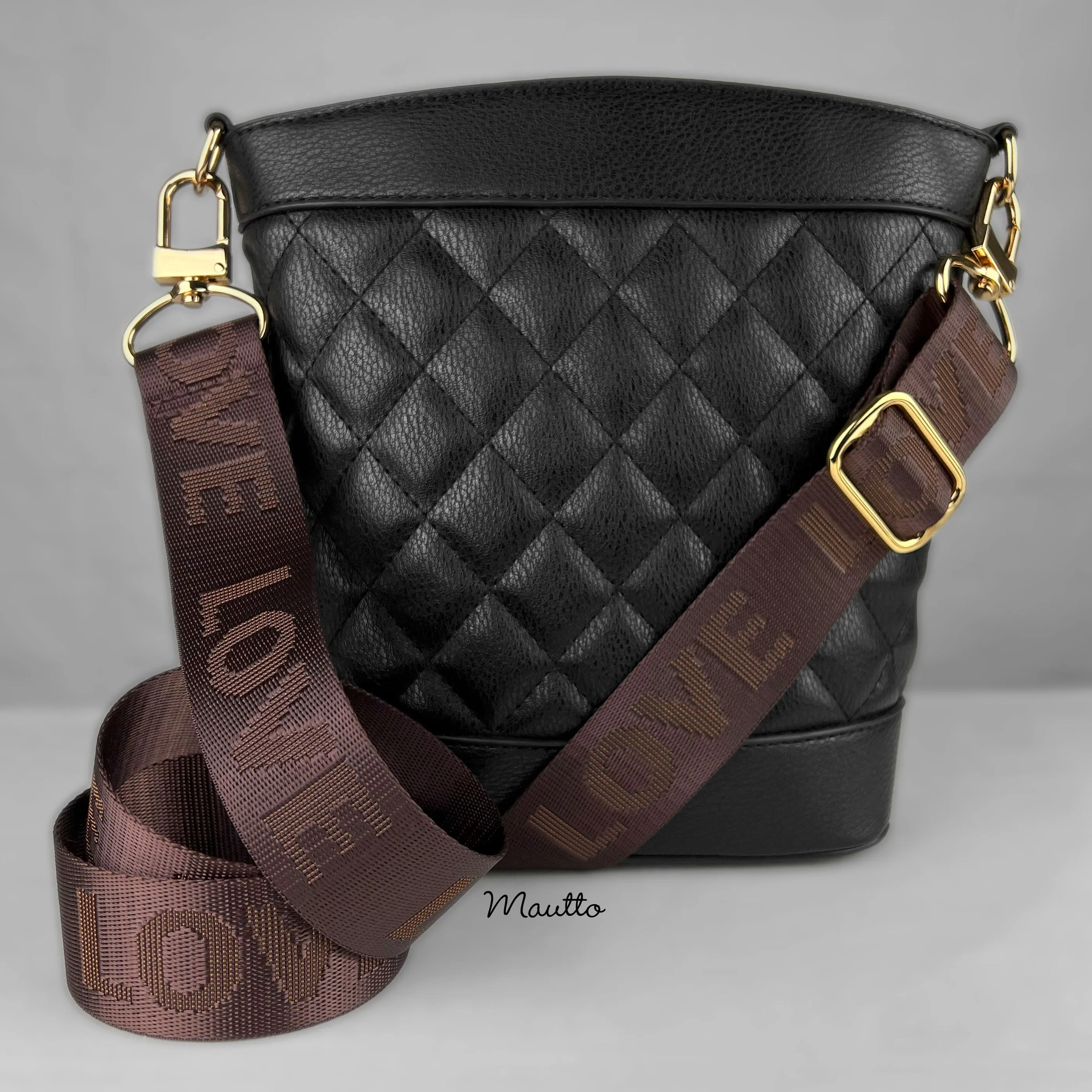 LOVE Strap (L-O-V-E Letters) - Brown & Golden Colors - Soft & Thick Nylon Guitar Style Bag Strap - Adjustable Shoulder to Crossbody Length