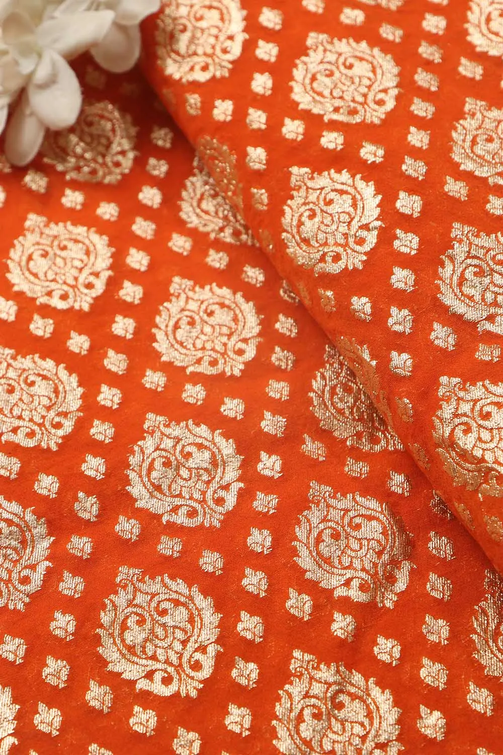 Luxurious Orange Banarasi Chanderi Silk Fabric ( 1 Mtr )