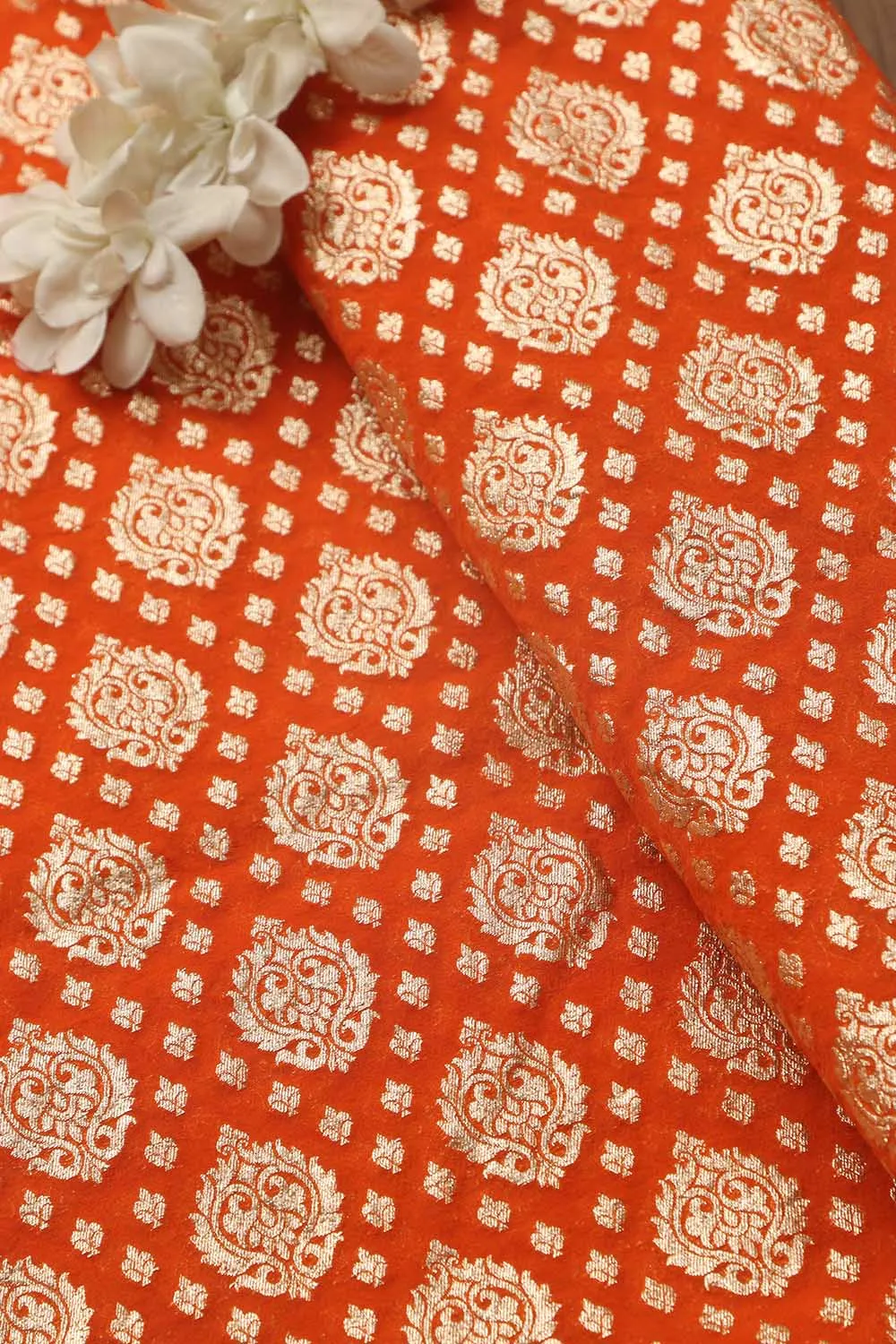 Luxurious Orange Banarasi Chanderi Silk Fabric ( 1 Mtr )