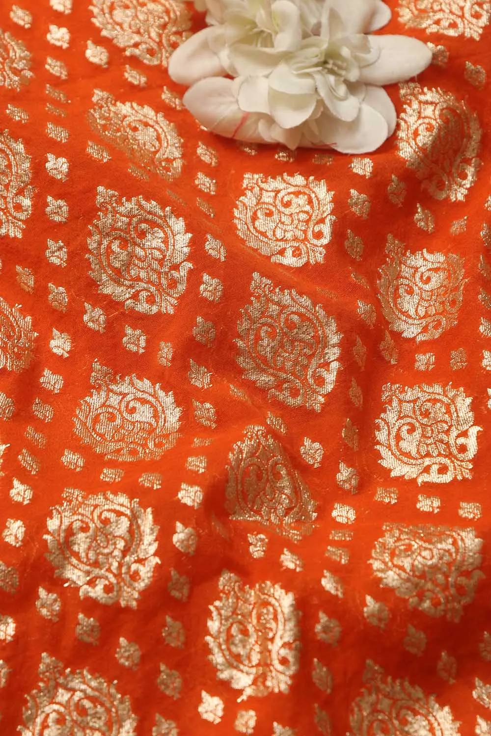 Luxurious Orange Banarasi Chanderi Silk Fabric ( 1 Mtr )