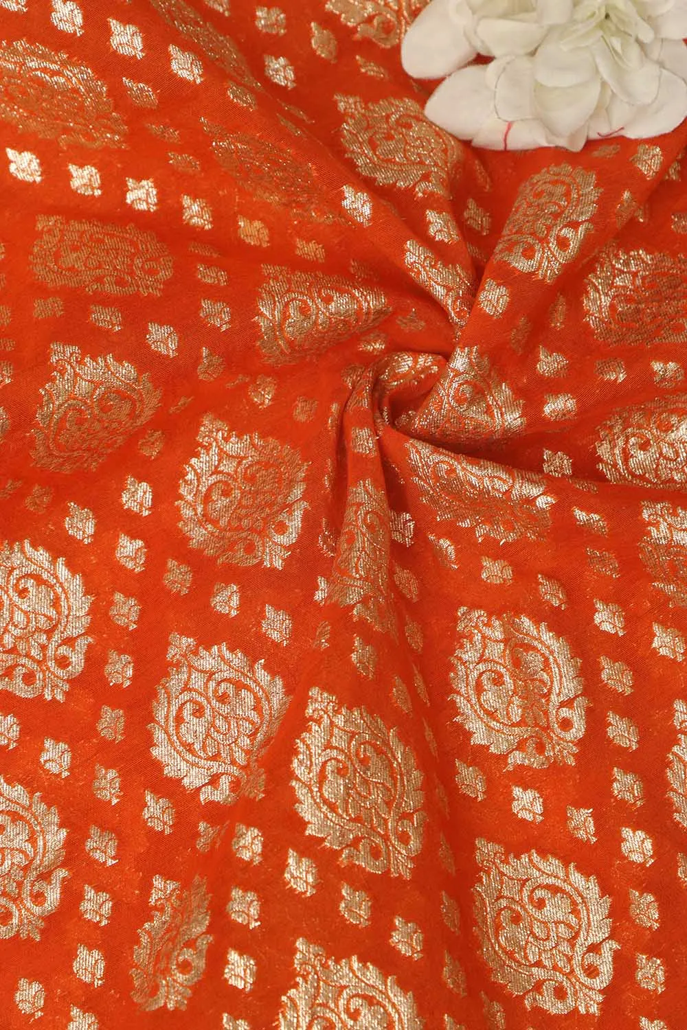 Luxurious Orange Banarasi Chanderi Silk Fabric ( 1 Mtr )