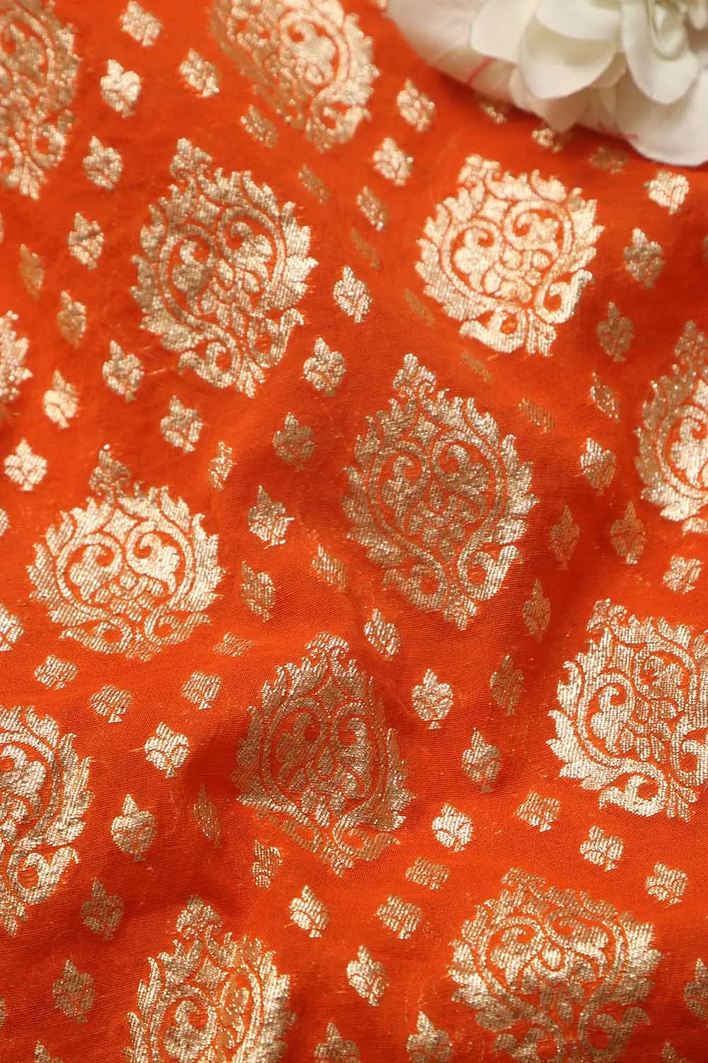 Luxurious Orange Banarasi Chanderi Silk Fabric ( 1 Mtr )