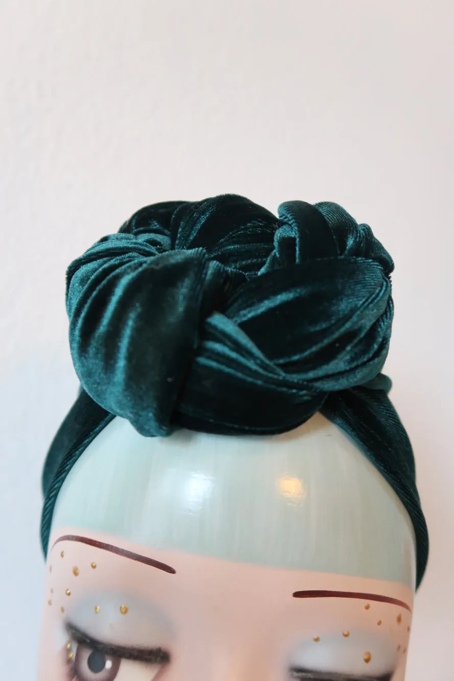 Made To Order: TWIST Velvet Pre-tied Stretchy 1940s Style Turban in Black, Claret, Bottle Green & Dusky Pink