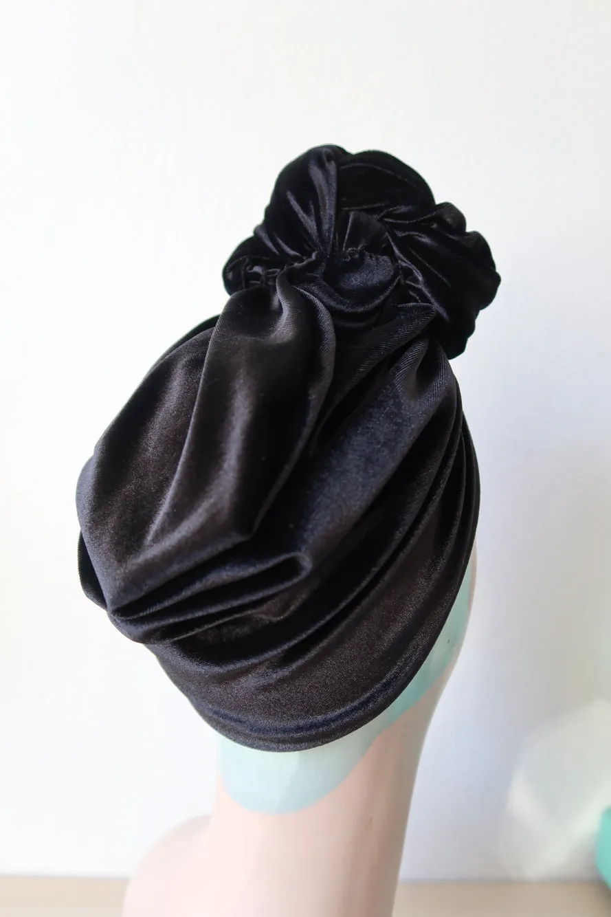 Made To Order: TWIST Velvet Pre-tied Stretchy 1940s Style Turban in Black, Claret, Bottle Green & Dusky Pink