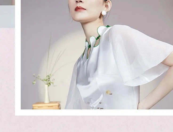 Magic Q embroidered flower drop neck panel gauze sleeves skirt - Vaielo