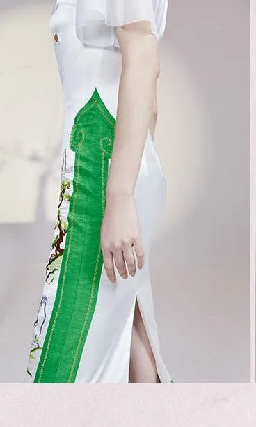 Magic Q embroidered flower drop neck panel gauze sleeves skirt - Vaielo