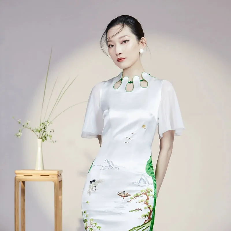 Magic Q embroidered flower drop neck panel gauze sleeves skirt - Vaielo