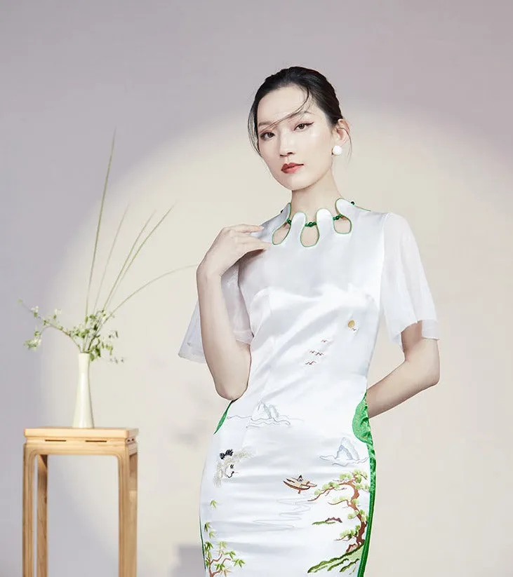 Magic Q embroidered flower drop neck panel gauze sleeves skirt - Vaielo