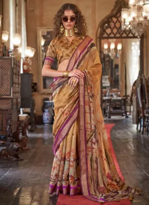 Majestic Khaki Brown Digital Printed Viscos Soft Silk Saree