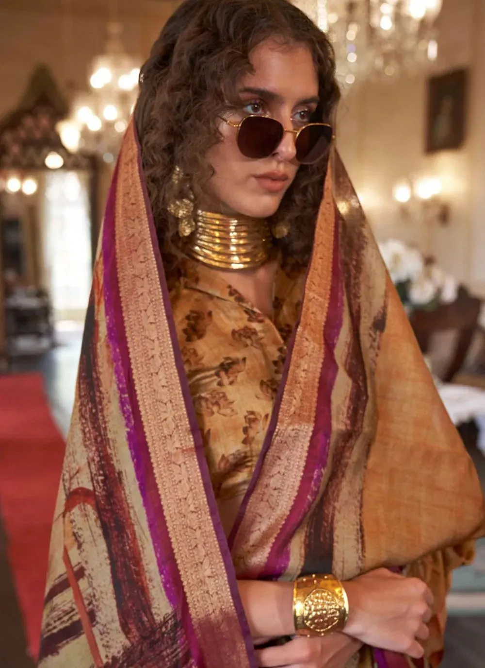 Majestic Khaki Brown Digital Printed Viscos Soft Silk Saree