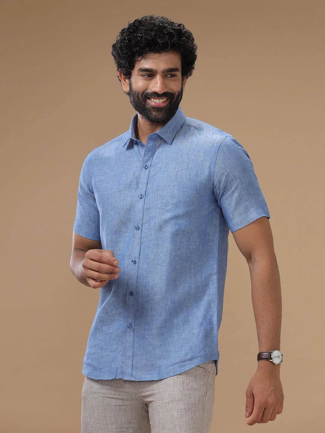 Men Pure Linen Shirt Blue - L82
