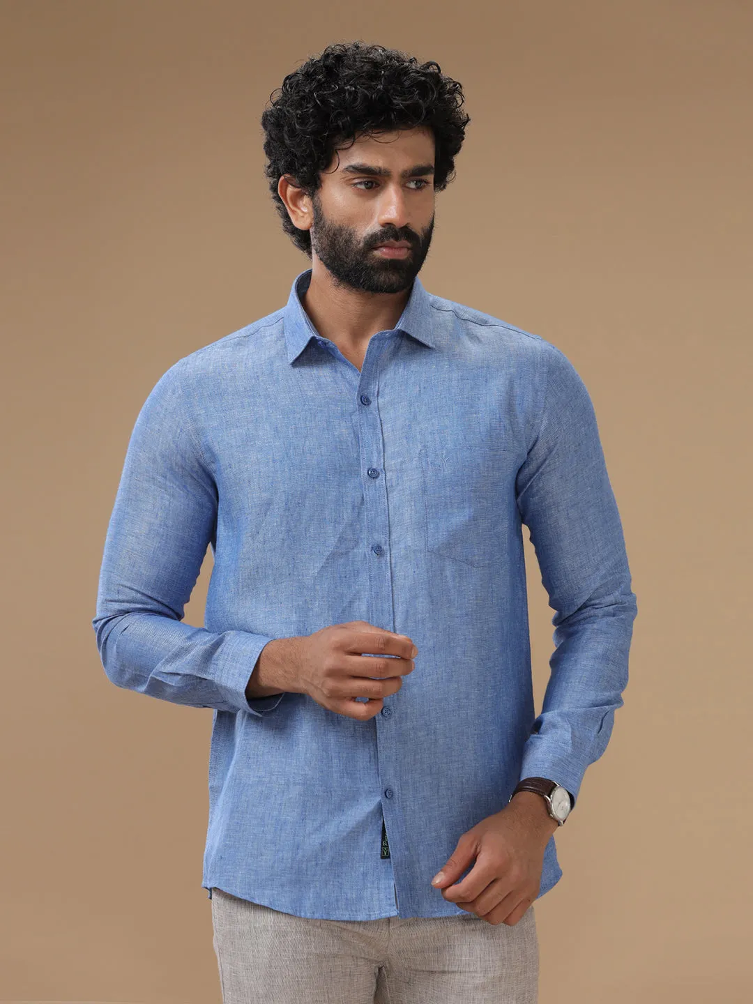 Men Pure Linen Shirt Blue - L82
