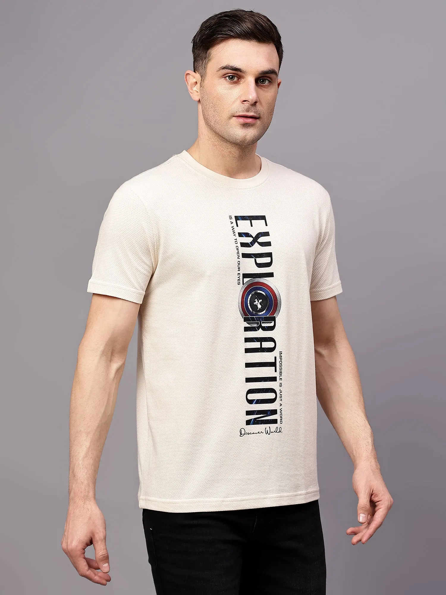 Men's Beige  Round neck Half Sleeve T-Shirt with Typographic print