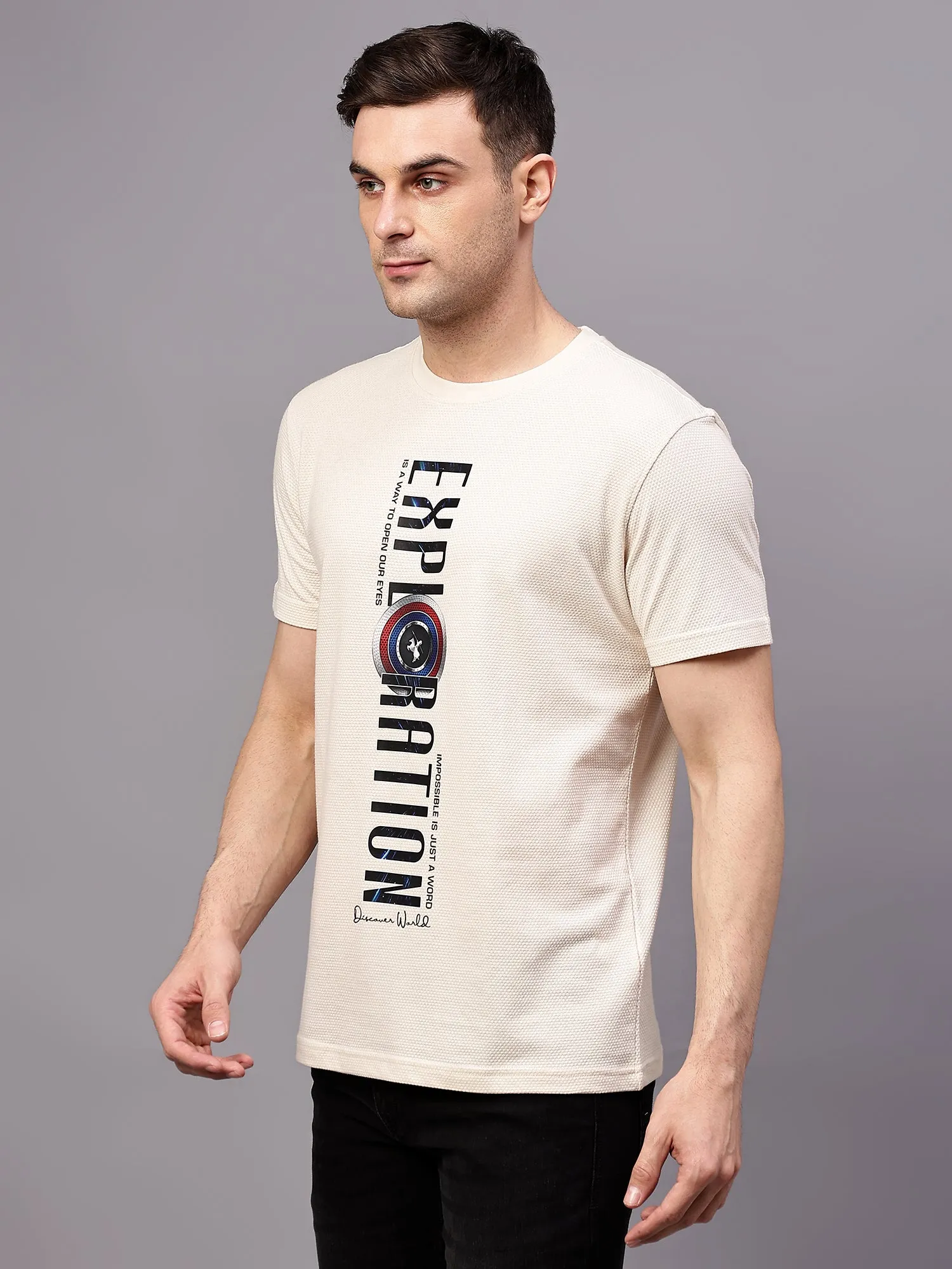 Men's Beige  Round neck Half Sleeve T-Shirt with Typographic print